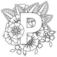 Letter P with Mehndi flower. decorative ornament in ethnic oriental style. coloring book page. vector