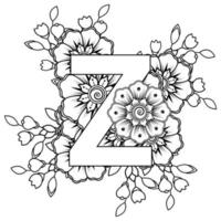 letra z con flor mehndi. ornamento decorativo en estilo étnico oriental. página del libro para colorear. vector