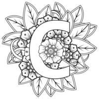 Letter C with Mehndi flower. decorative ornament in ethnic oriental style. coloring book page. vector