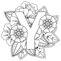 Letter Y with Mehndi flower. decorative ornament in ethnic oriental style. coloring book page. vector