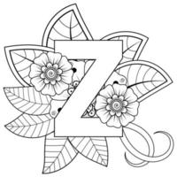 Letter Z with Mehndi flower. decorative ornament in ethnic oriental style. coloring book page. vector