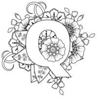 Letter Q with Mehndi flower. decorative ornament in ethnic oriental style. coloring book page. vector