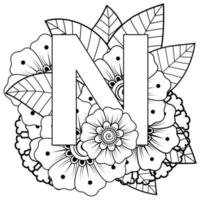 Letter N with Mehndi flower. decorative ornament in ethnic oriental style. coloring book page. vector