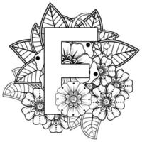 Letter F with Mehndi flower. decorative ornament in ethnic oriental style. coloring book page. vector