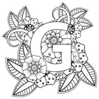 Letter G made of flowers in mehndi style. coloring book page. outline hand-draw vector illustration.