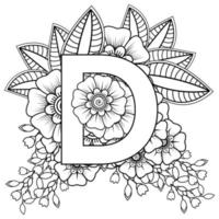 Letter D with Mehndi flower. decorative ornament in ethnic oriental style. coloring book page. vector