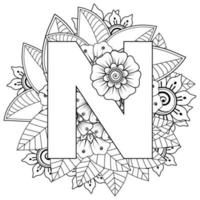 Letter N with Mehndi flower. decorative ornament in ethnic oriental style. coloring book page. vector