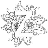 Letter Z made of flowers in mehndi style. coloring book page. outline hand-draw vector illustration.