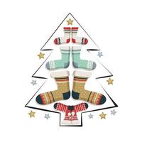 Christmas tree made of socks with a pattern and stars. Festive decoration for new year and winter holiday vector