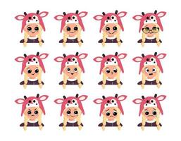 Set of girl avatar with big eyes and wide smile and different emotions in cow hat. Cute child with joyful, sad or angry face in carnival costume for holiday or new year vector