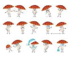 Amanita mushroom set with emotions, face, hands and legs. Cheerful or sad fly agaric falls in love, keeps distance in a mask, dances in happy Santa hat vector