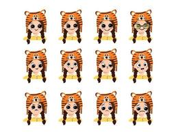 Set of girl avatar with big eyes and wide smile and different emotions in tiger hat. Cute kid with joyful or sad face in festive costume for new year and Christmas vector