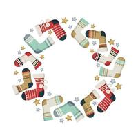 Round wreath made of New Year and Christmas socks with patterns and stars. Festive decorative element, border for design and winter holiday vector