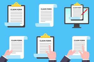 Claim form to fill out and text, clipboard, monitor and hands set flat style design isolated on light blue background vector illustration