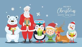 feliz navidad y feliz año nuevo tarjeta de felicitación con lindo santa claus, reno, oso polar, niño elfo, muñeco de nieve y dibujos animados de pingüinos. ilustración vectorial vector