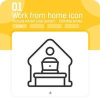 Home office remote work icon concept with line style isolated on white background. Vector linear illustration work from home with computer desktop sign symbol icon for business. Editable stroke