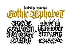 Gothic. Uppercase and lowercase black letters on a white background. Beautiful and stylish calligraphy. Elegant font for tattoo. Medieval European modern style. The letters are written with a pen. vector
