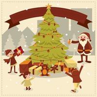 Cute kid boy and girl and Santa Claus waving and celebrating tree and gift boxes vector