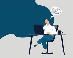 Businesswoman sitting in front of her computer and feeling tired. Entrepreneur woman in the office looking confused by stress. Mental health disorders, anxiety, depression, work stress concept. Vector