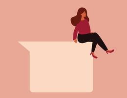 Confident woman sits on a big speech bubble. Caucasian businesswoman sitting on a square bubble. Success, feminism, women empowerment, freedom of speech, chatting concept. Vector illustration.