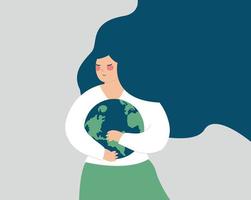 Adult woman embraces the earth or globe with care. Young female hugs the green plate with love. Saving environment, planet conservation, Mother Earth day, energy saving concept. Vector illustration.