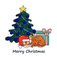 Merry Christmas and New Year greeting card. Tiger in red Santa hat sleeps under Christmas tree with gifts. Vector illustration cartoon style