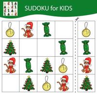 Sudoku game for kids with pictures. Merry Christmas and Happy New Year. The tiger is a symbol of the Chinese New Year with Christmas elements. Vector. vector