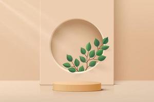 Beige, Brown realistic cylinder pedestal podium with green leaf and circle backdrop. Vector abstract studio room with 3D geometric platform. Minimal scene for products showcase, Promotion display