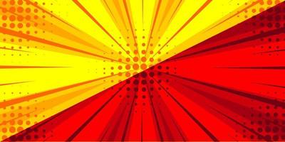 Comic red and yellow sunbeam background. Retro pop art style cartoon background. Vintage halftone vector illustration