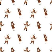 Seamless pattern with girl and boy in carnival costume of deer. Festive print for party, New Year and Christmas. Child dancing with happy face and smile emotions vector