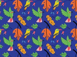 Vector pattern with exotic birds and tropical leaves on the blue background. Vector illustration