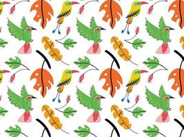 Vector pattern with exotic birds and tropical leaves