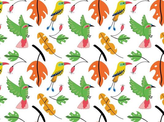 Vector pattern with exotic birds and tropical leaves