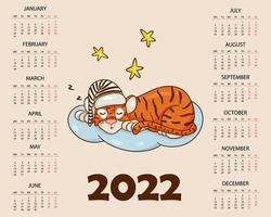 Calendar design template for 2022, the year of the tiger according to the Chinese or Eastern calendar, with an illustration of the tiger. Horizontal table with calendar for 2022. Vector