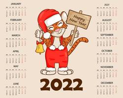 Calendar design template for 2022, the year of the tiger according to the Chinese or Eastern calendar, with an illustration of the tiger. Horizontal table with calendar for 2022. Vector