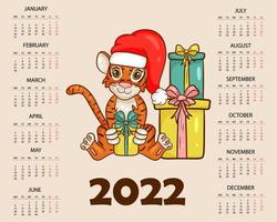 Calendar design template for 2022, the year of the tiger according to the Chinese or Eastern calendar, with an illustration of the tiger. Horizontal table with calendar for 2022. Vector