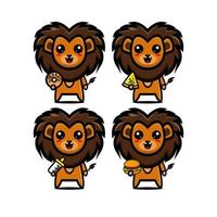 Collection lion sets holding food. Vector illustration flat style cartoon character mascot. Isolated on white background. Cute character lion mascot logo idea bundle concept