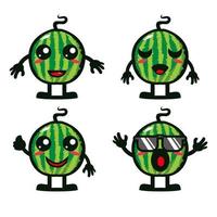 Cute watermelon fruit set collection. Vector illustration of watermelon mascot character flat cartoon face. Isolated on a white background. Cute character mascot logo idea bundle concept