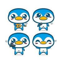 Collection of penguin sets holding musical instruments. Vector illustration of flat cartoon face character mascot. Isolated on white background. Cute character penguin mascot logo idea bundle concept