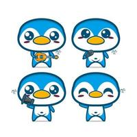 Collection of penguin sets holding musical instruments. Vector illustration of flat cartoon face character mascot. Isolated on white background. Cute character penguin mascot logo idea bundle concept