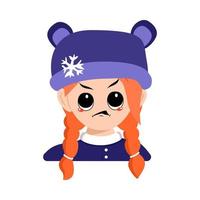 Girl with big eyes and angry emotions, grumpy face, furious eyes in bear hat with snowflake. Cute child with furious expression in winter headdress. Head of adorable kid vector