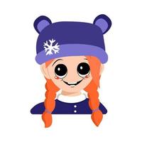 Girl with big eyes and a wide smile and red hair in bear hat with snowflake. Cute child with happy face in winter headdress. Head of adorable kid with emotions vector