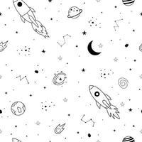 Seamless pattern space sky with stars and constellation scattered on a white background and a floating spacecraft Design ideas used for publication, background, wallpaper, textile, vector illustration