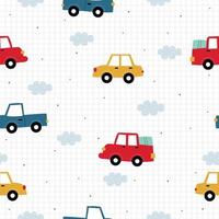 fondo de coche vintage de patrón vectorial repetido sin costuras con fondo de rejilla cuadrada concepto de diseño ideal para textiles, ropa para niños, publicaciones, papel de regalo vector