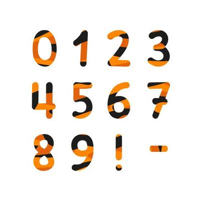 Numbers with tiger pattern. Festive orange font with black stripes or decoration for New Year and Christmas or winter holiday