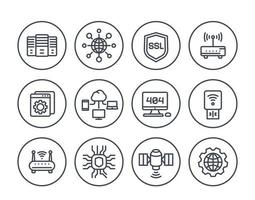 network, internet data technology, hosting and servers line icons set on white vector