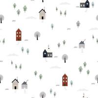 Seamless pattern Village background life in rural areas with houses and trees Cute design hand-drawn in cartoon style. Used for fashion, textile, Vector illustration