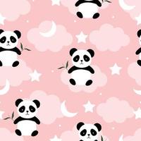 Cute seamless pattern The panda held a bamboo sitting on the cloud and had a star beside him. Hand-painted cartoon animal character background Used for fashion, textile, fabric, vector illustration