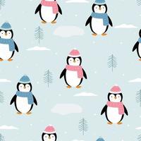 Penguin with snow background cute cartoon hand drawn animals Seamless vector pattern in cartoon style used for publication, wallpaper, fabric, textile