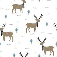 Seamless pattern Brown deer wearing a scarf And there is a small tree on a white background. Cute design in cartoon style. Used for publication, clothing, fashion, textile, vector illustration.